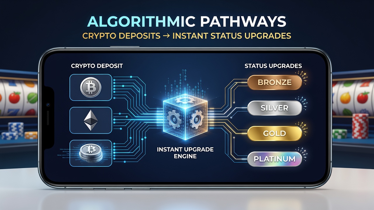 Backend dashboard view illustrating algorithmic pathways from crypto transaction to status tier elevation
