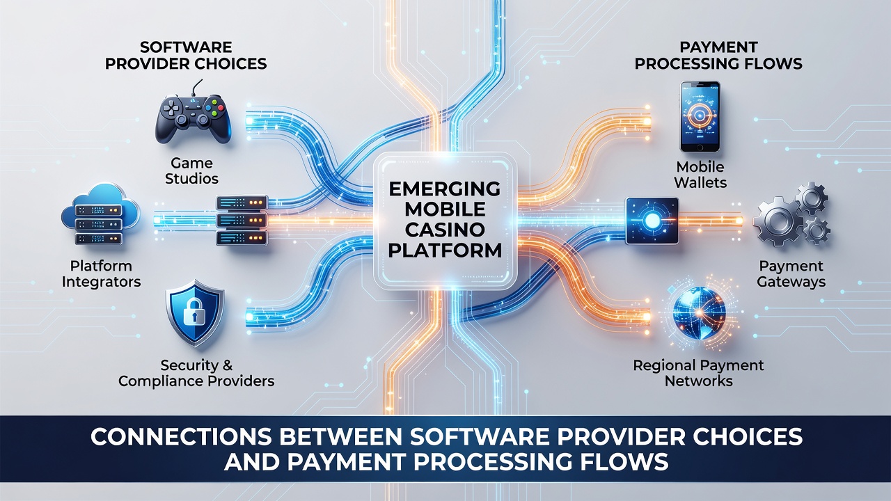 Flowchart diagram illustrating software provider API connections to various payment processors in a mobile casino backend