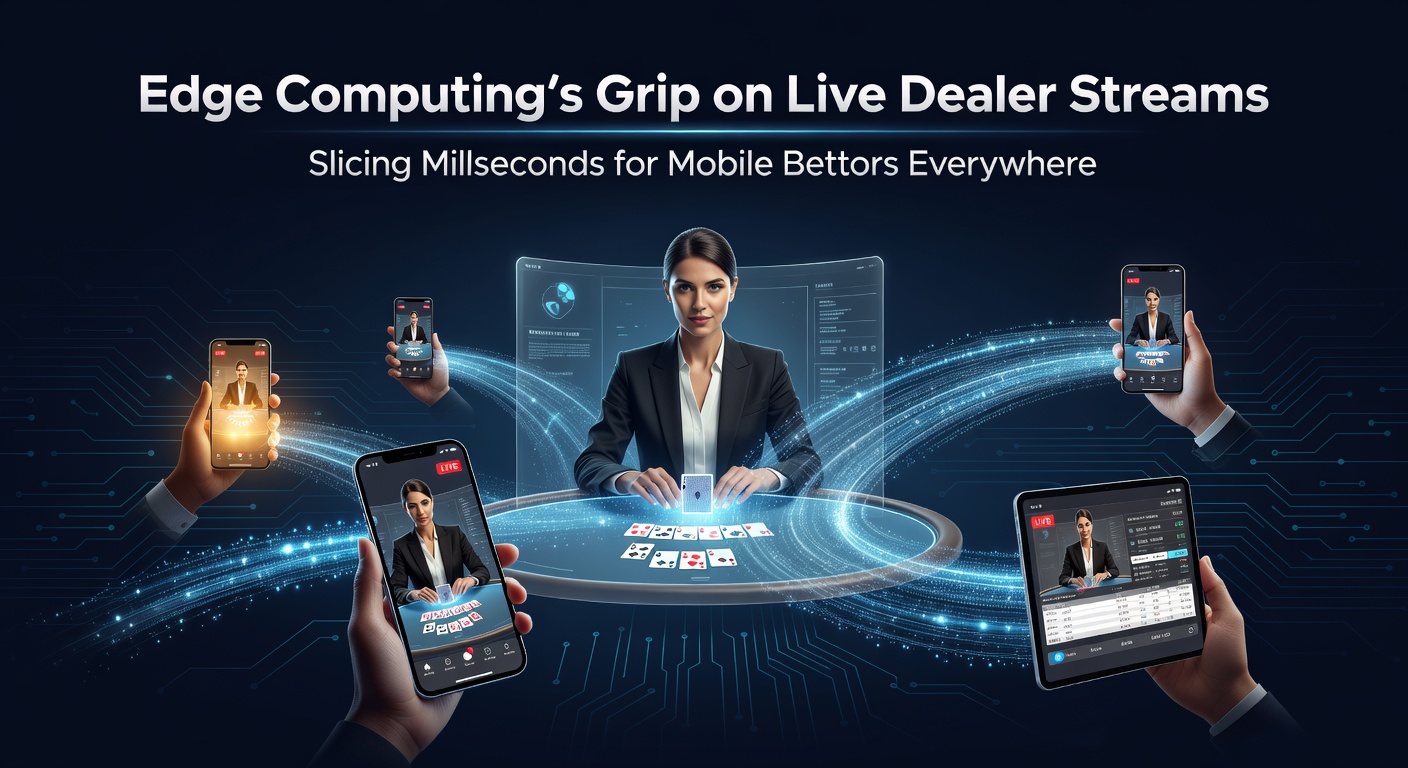 A dynamic visualization of edge computing nodes processing live dealer streams in real-time, highlighting latency reduction for mobile devices