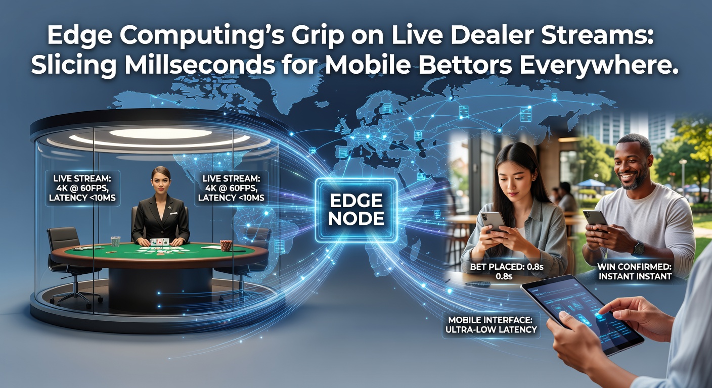 Illustration of a global edge network overlaying live casino streams, with mobile phones connecting seamlessly to nearby nodes for ultra-low latency betting