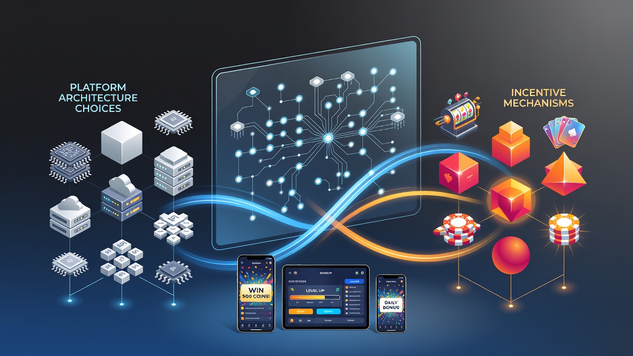 Mobile gambling app interface showing architecture layers and real-time incentive distribution on a smartphone screen