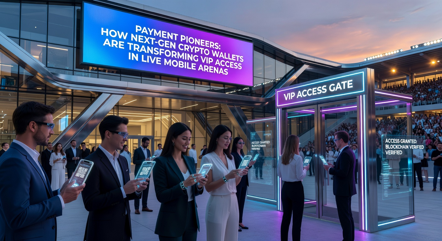 Dynamic scene of a VIP mobile gaming interface showing crypto wallet connection, live dealer interaction, and exclusive arena access with glowing badges and real-time transaction confirmations