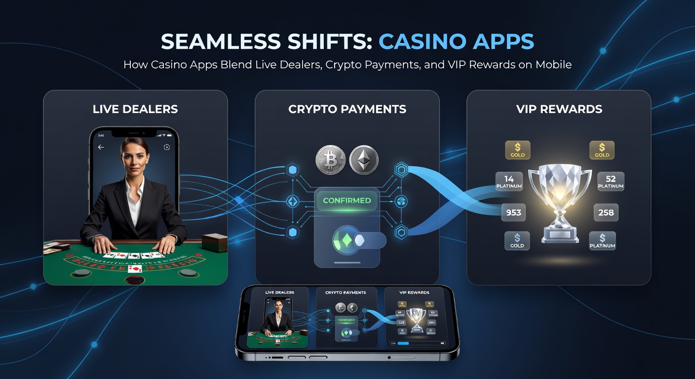 VIP user interface on a casino app highlighting crypto transaction confirmation alongside live dealer game and exclusive reward pop-up