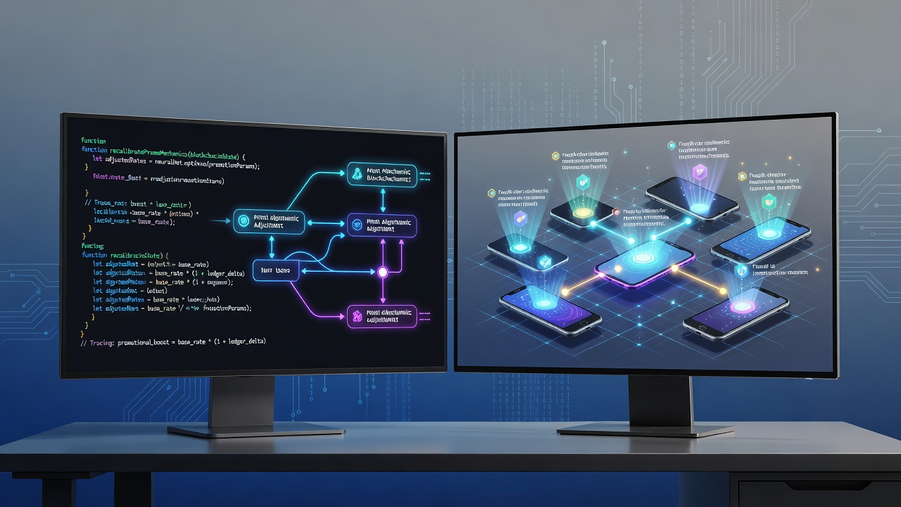 Developers review backend code for promotional algorithms in blockchain mobile gaming platforms